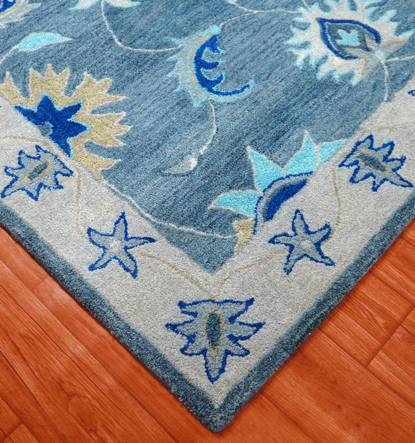 Blue Grey Coastal Floral Starfish Border Hand Tufted Wool Area Rug - Cut Pile Nautical Custom Sizes