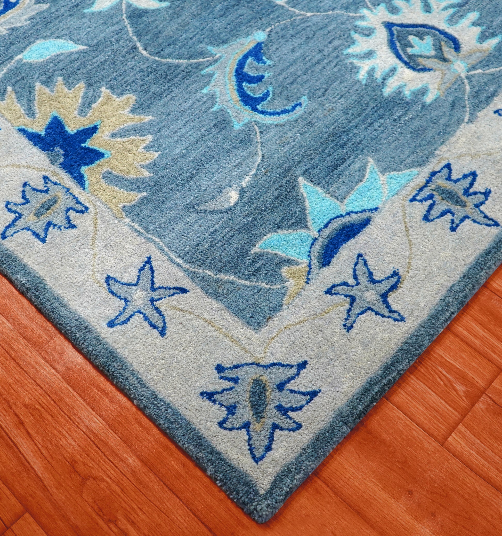 Blue Grey Coastal Floral Starfish Border Hand Tufted Wool Area Rug - Cut Pile Nautical Custom Sizes