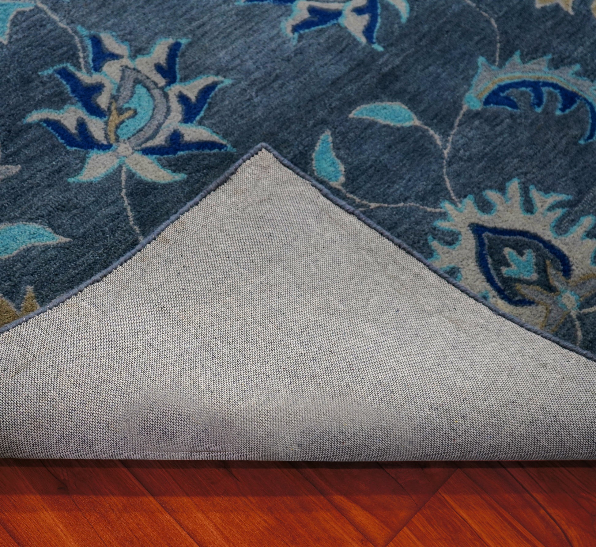 Blue Grey Coastal Floral Starfish Border Hand Tufted Wool Area Rug - Cut Pile Nautical Custom Sizes