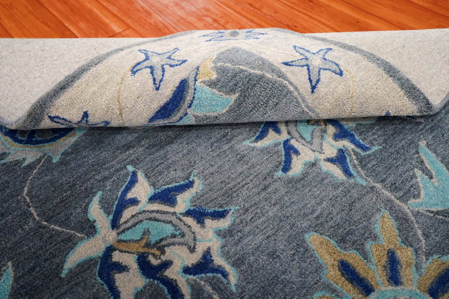 Blue Grey Coastal Floral Starfish Border Hand Tufted Wool Area Rug - Cut Pile Nautical Custom Sizes