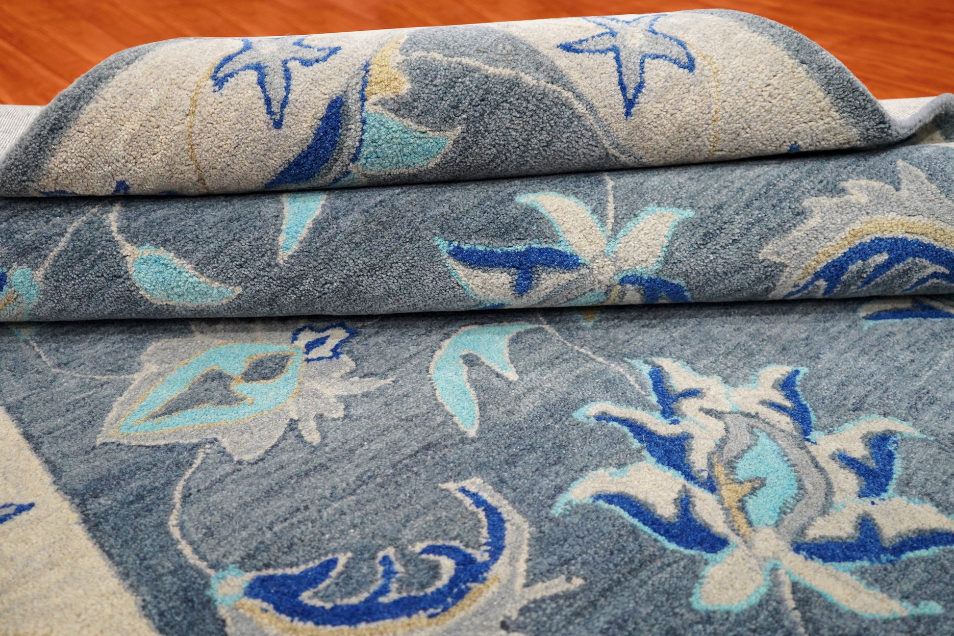 Blue Grey Coastal Floral Starfish Border Hand Tufted Wool Area Rug - Cut Pile Nautical Custom Sizes