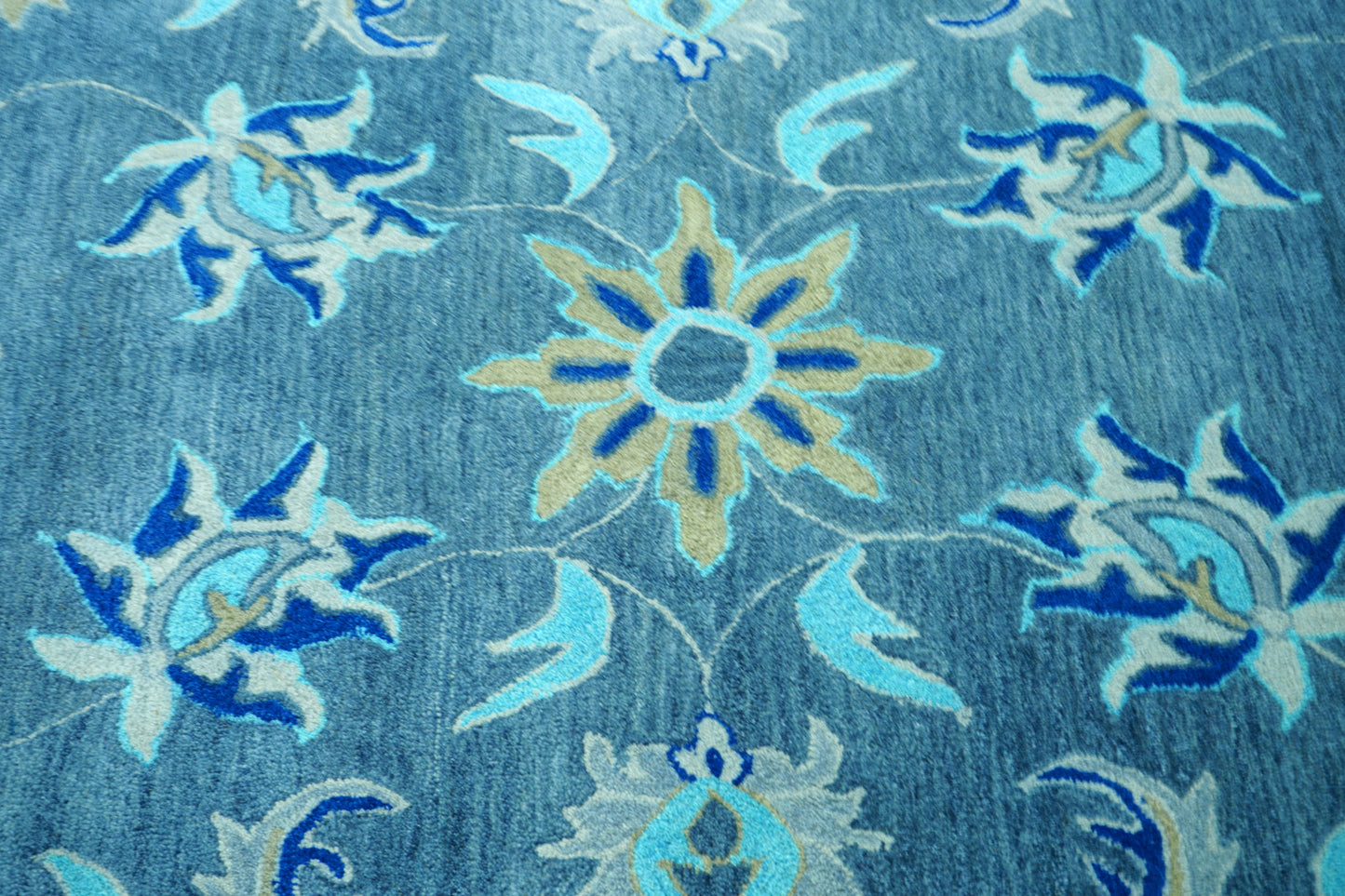 Blue Grey Coastal Floral Starfish Border Hand Tufted Wool Area Rug - Cut Pile Nautical Custom Sizes