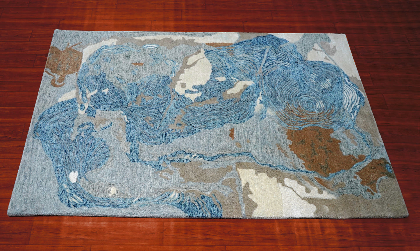 Blue Beige Grey Abstract Watercolor Hand Tufted Wool Area Rug - Cut Pile Contemporary Custom Sizes