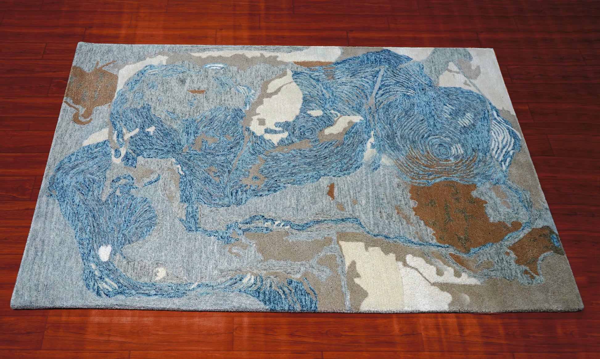 Blue Beige Grey Abstract Watercolor Hand Tufted Wool Area Rug - Cut Pile Contemporary Custom Sizes