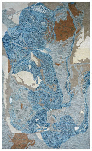 Blue Beige Grey Abstract Watercolor Hand Tufted Wool Area Rug - Cut Pile Contemporary Custom Sizes
