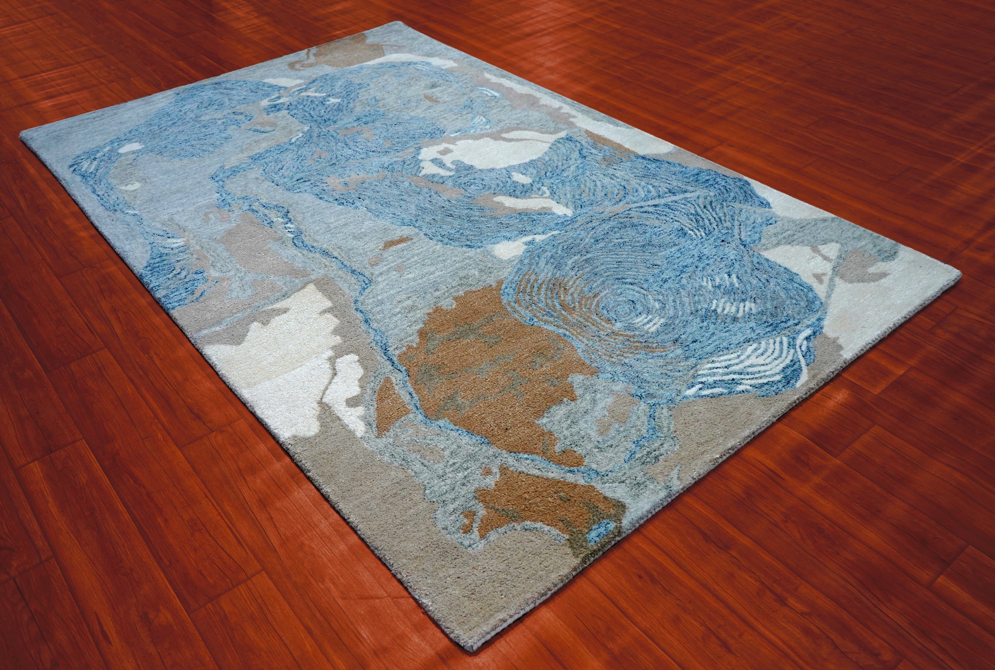 Blue Beige Grey Abstract Watercolor Hand Tufted Wool Area Rug - Cut Pile Contemporary Custom Sizes