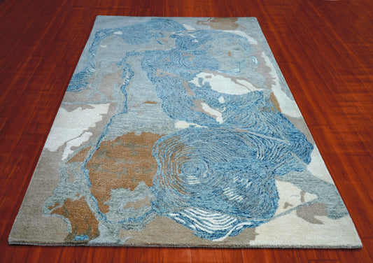 Blue Beige Grey Abstract Watercolor Hand Tufted Wool Area Rug - Cut Pile Contemporary Custom Sizes