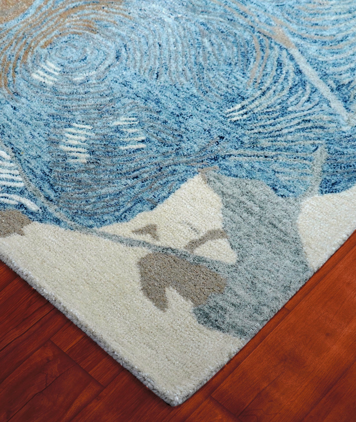 Blue Beige Grey Abstract Watercolor Hand Tufted Wool Area Rug - Cut Pile Contemporary Custom Sizes