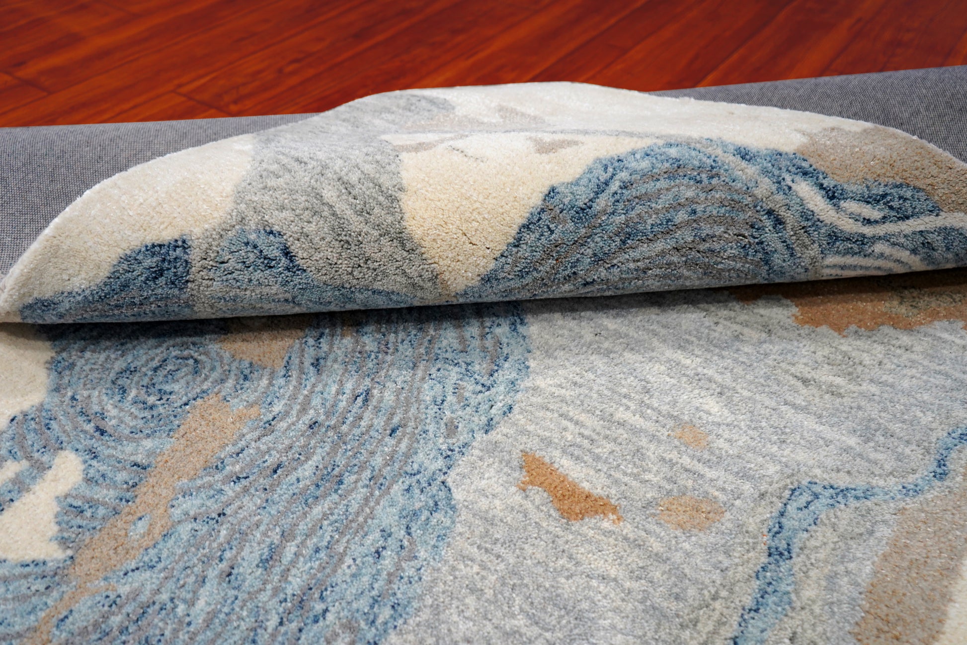 Blue Beige Grey Abstract Watercolor Hand Tufted Wool Area Rug - Cut Pile Contemporary Custom Sizes