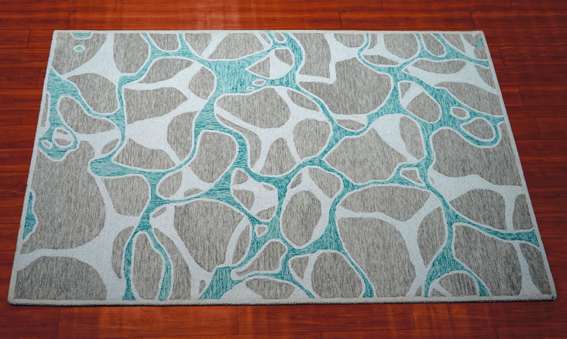 Teal Grey Abstract Organic Pebbles Hand Tufted Wool Area Rug - Cut Pile Contemporary Custom Sizes