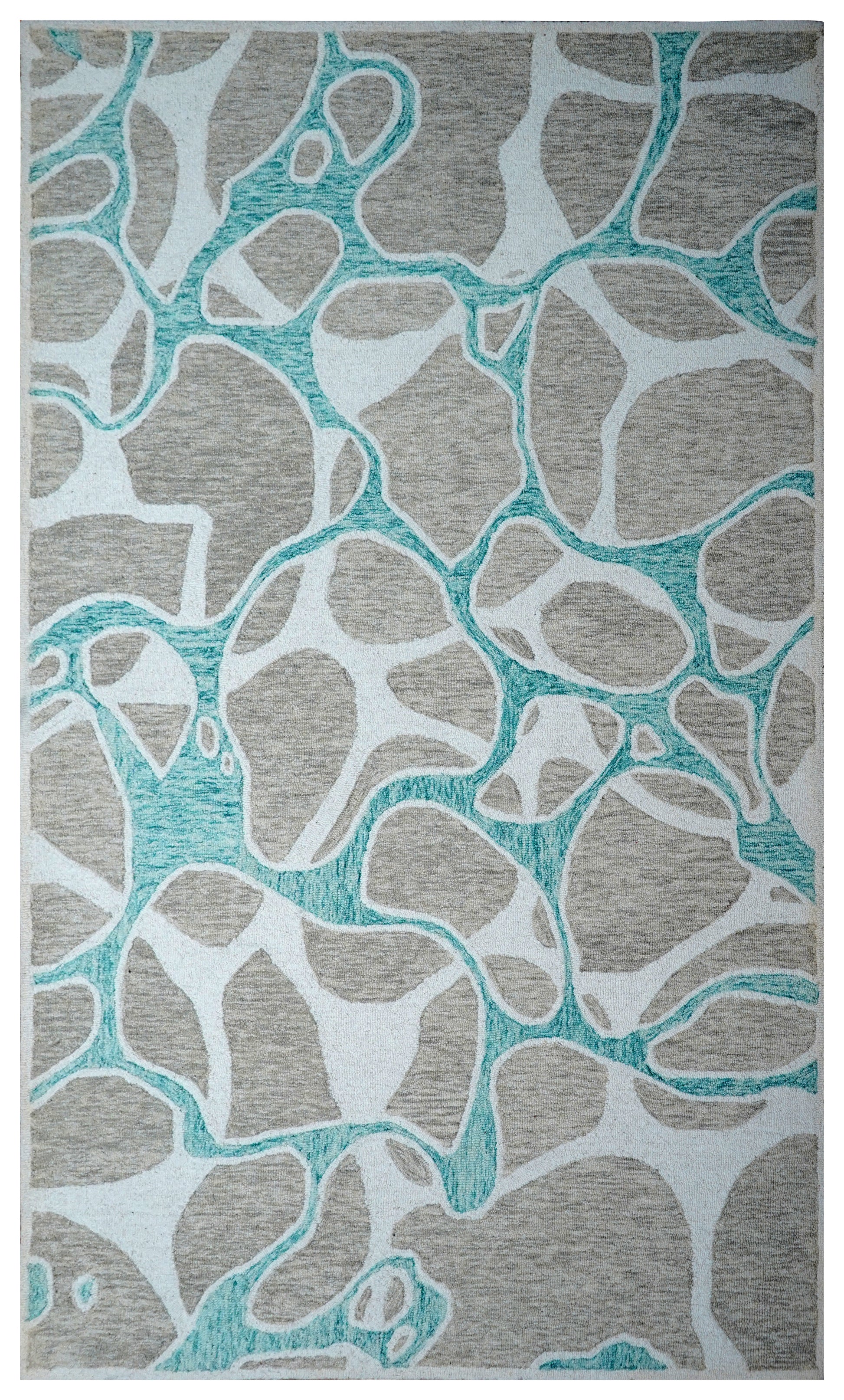 Teal Grey Abstract Organic Pebbles Hand Tufted Wool Area Rug - Cut Pile Contemporary Custom Sizes