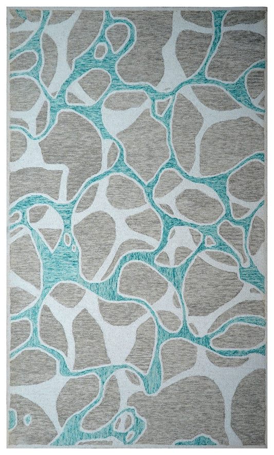 Teal Grey Abstract Organic Pebbles Hand Tufted Wool Area Rug - Cut Pile Contemporary Custom Sizes