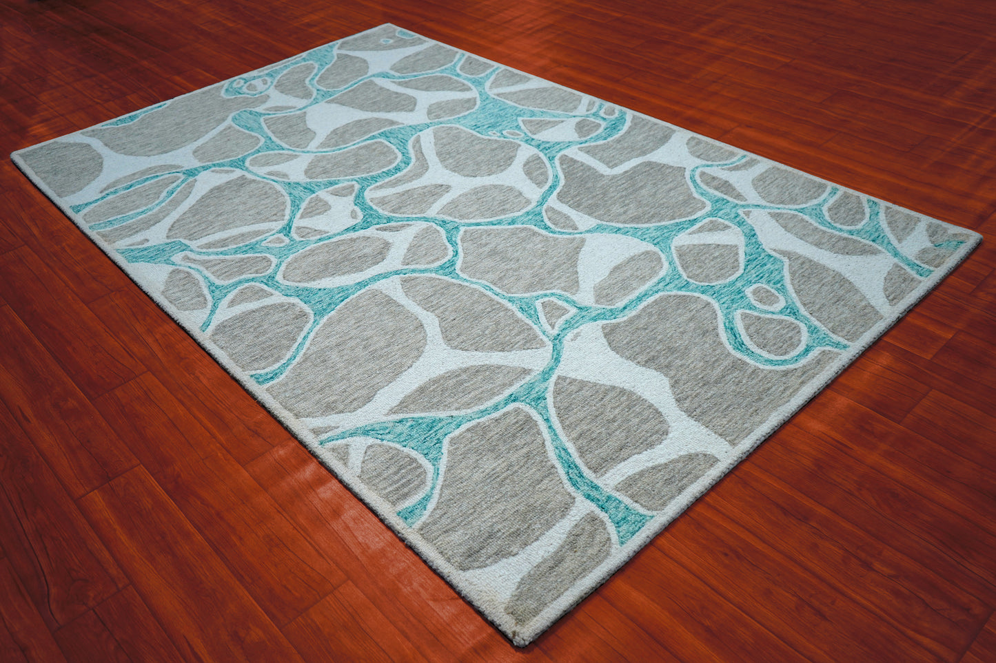 Teal Grey Abstract Organic Pebbles Hand Tufted Wool Area Rug - Cut Pile Contemporary Custom Sizes