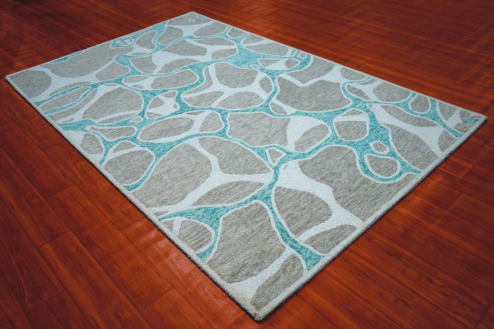 Teal Grey Abstract Organic Pebbles Hand Tufted Wool Area Rug - Cut Pile Contemporary Custom Sizes