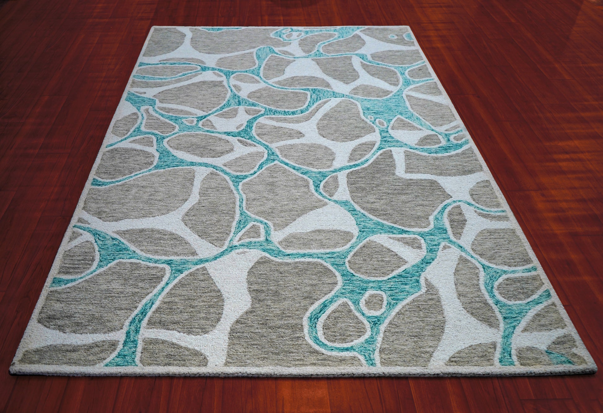 Teal Grey Abstract Organic Pebbles Hand Tufted Wool Area Rug - Cut Pile Contemporary Custom Sizes