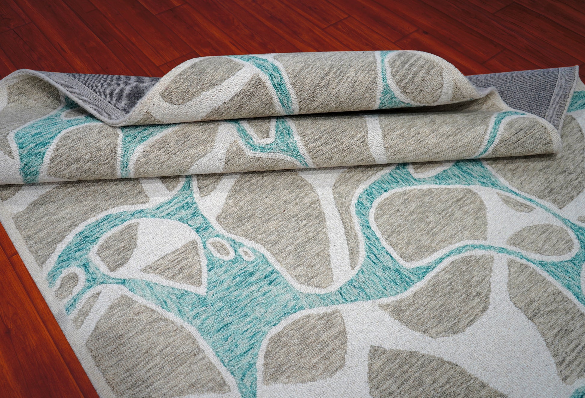 Teal Grey Abstract Organic Pebbles Hand Tufted Wool Area Rug - Cut Pile Contemporary Custom Sizes