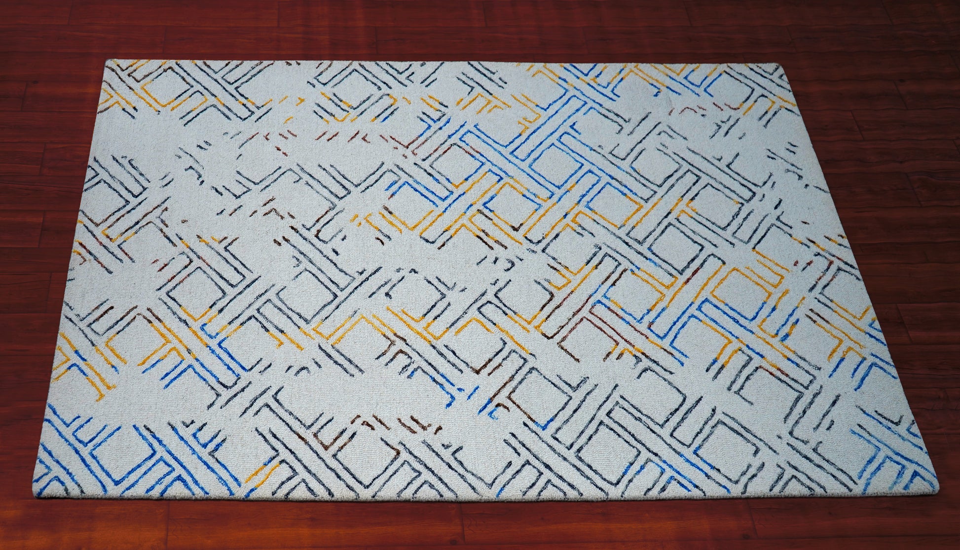 Grey Blue Yellow Abstract Geometric Lines Hand Tufted Wool Area Rug - Cut Pile Contemporary Custom Sizes