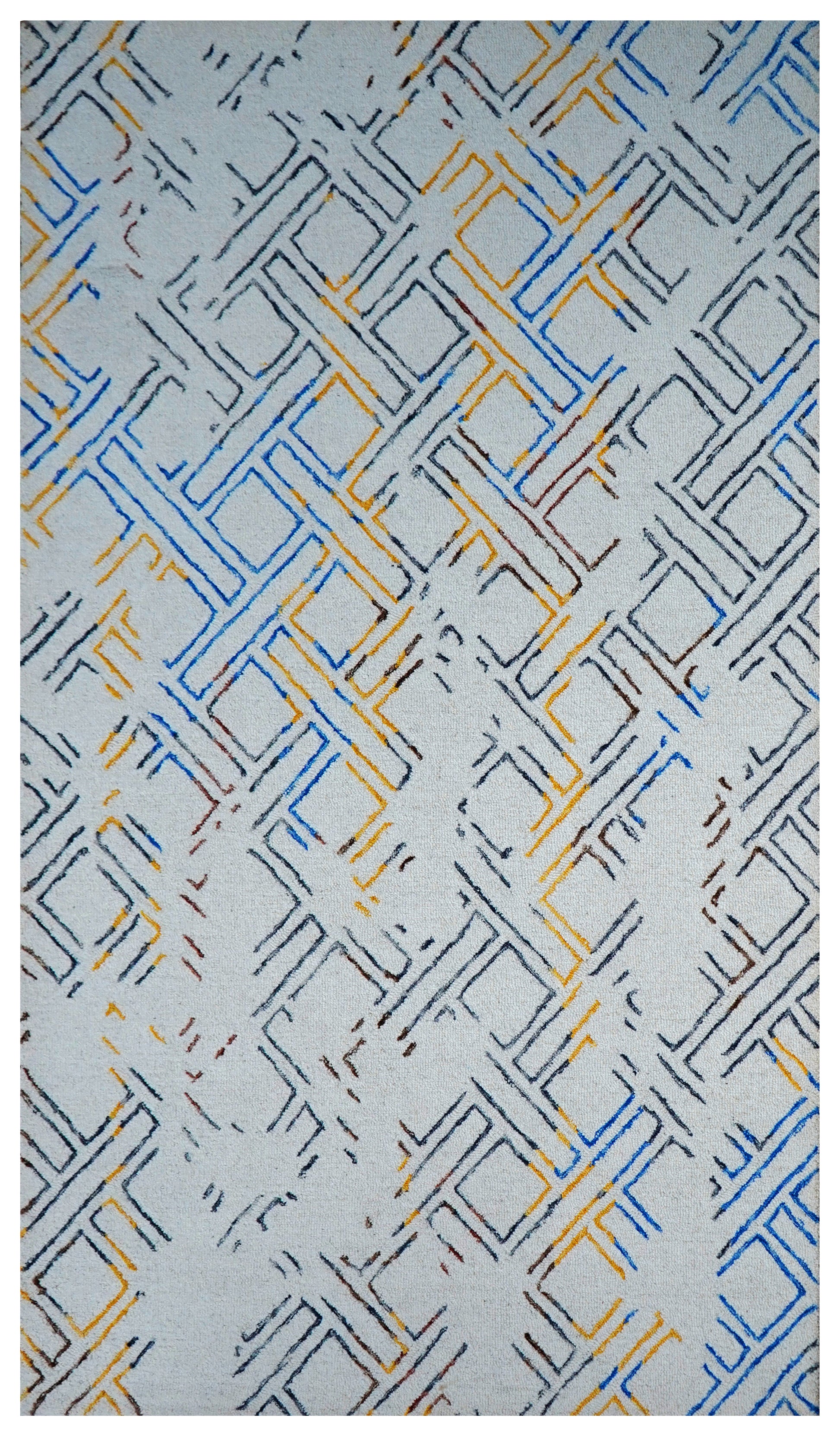 Grey Blue Yellow Abstract Geometric Lines Hand Tufted Wool Area Rug - Cut Pile Contemporary Custom Sizes
