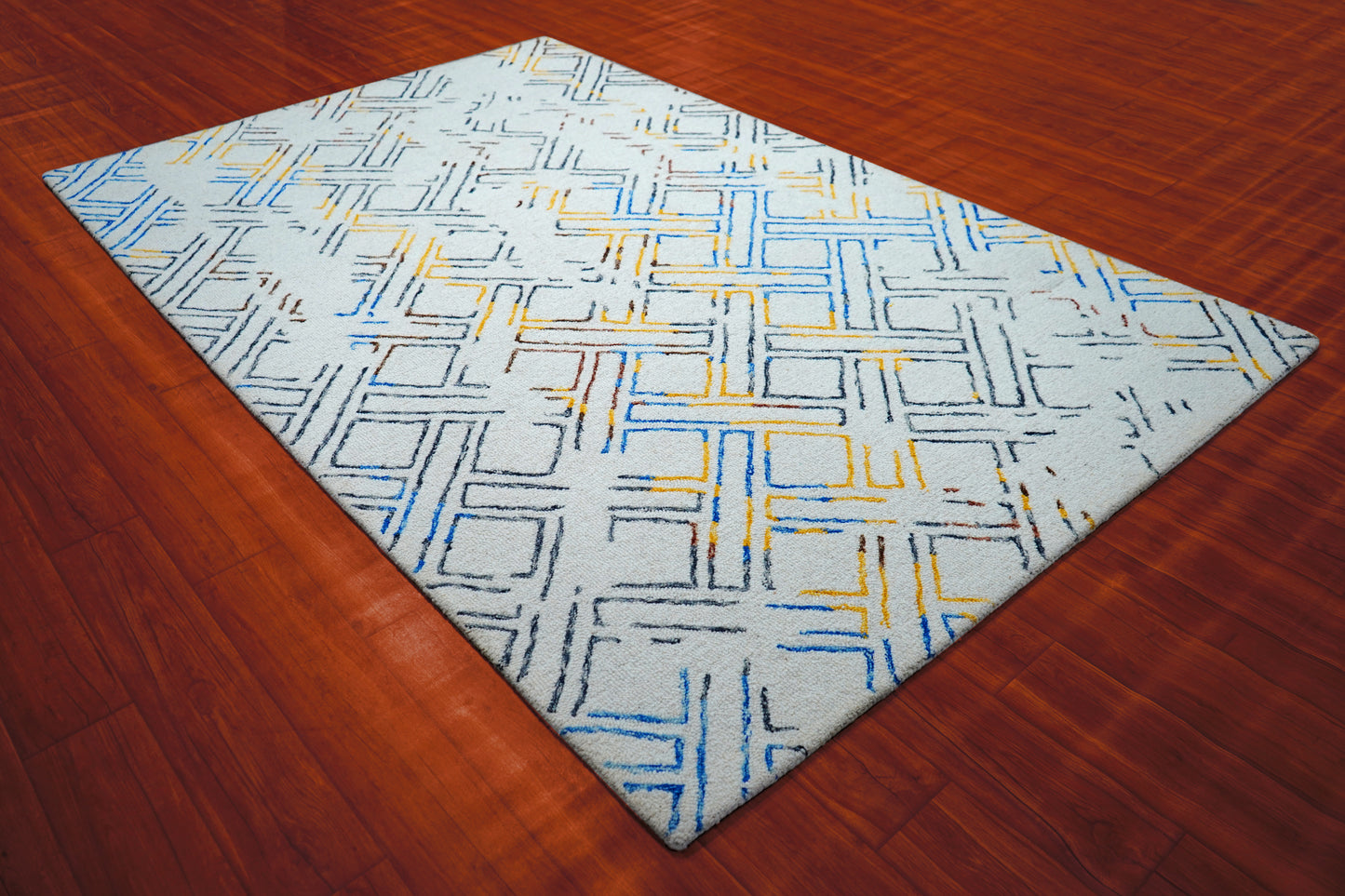 Grey Blue Yellow Abstract Geometric Lines Hand Tufted Wool Area Rug - Cut Pile Contemporary Custom Sizes