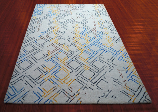 Grey Blue Yellow Abstract Geometric Lines Hand Tufted Wool Area Rug - Cut Pile Contemporary Custom Sizes