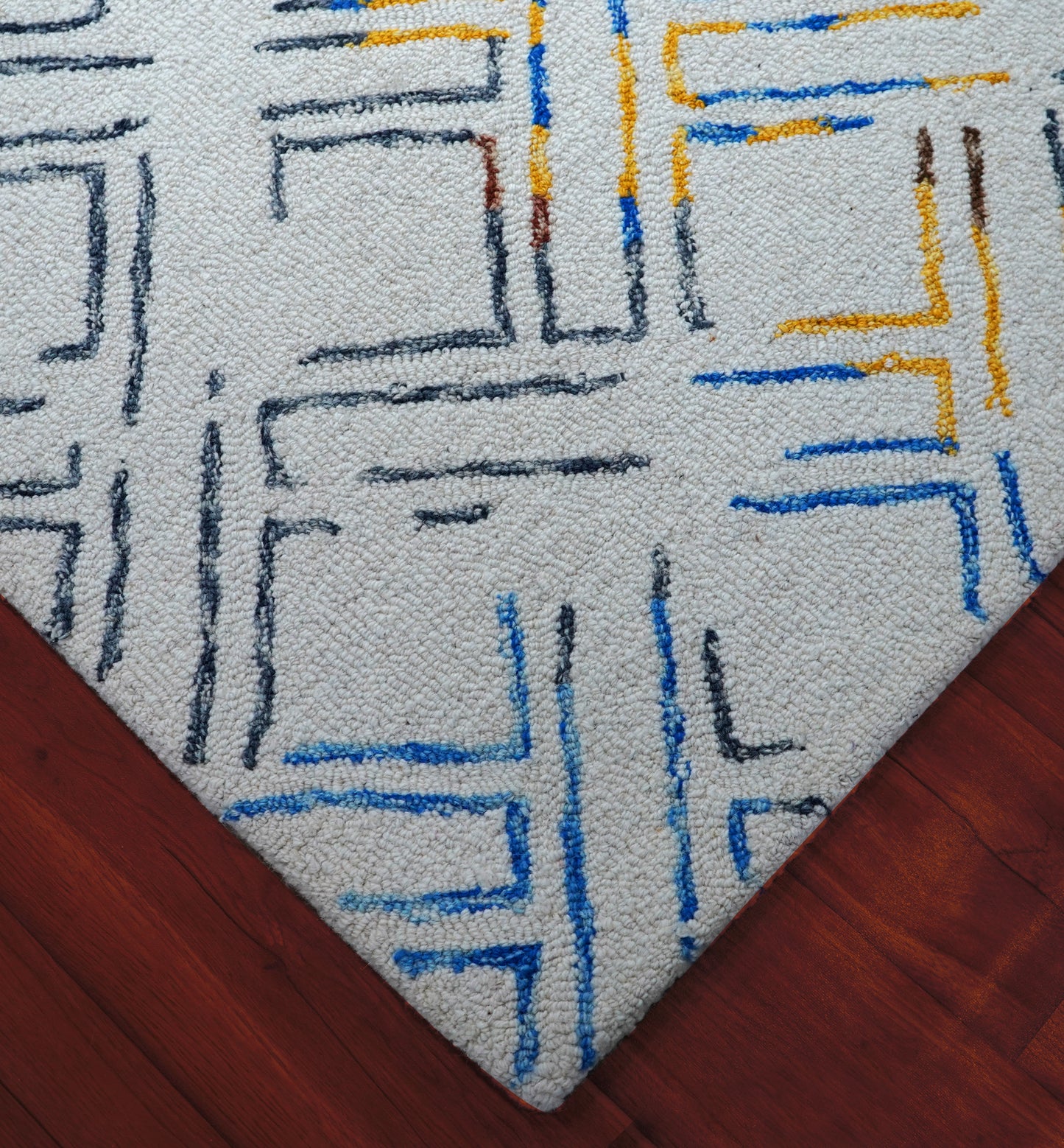 Grey Blue Yellow Abstract Geometric Lines Hand Tufted Wool Area Rug - Cut Pile Contemporary Custom Sizes