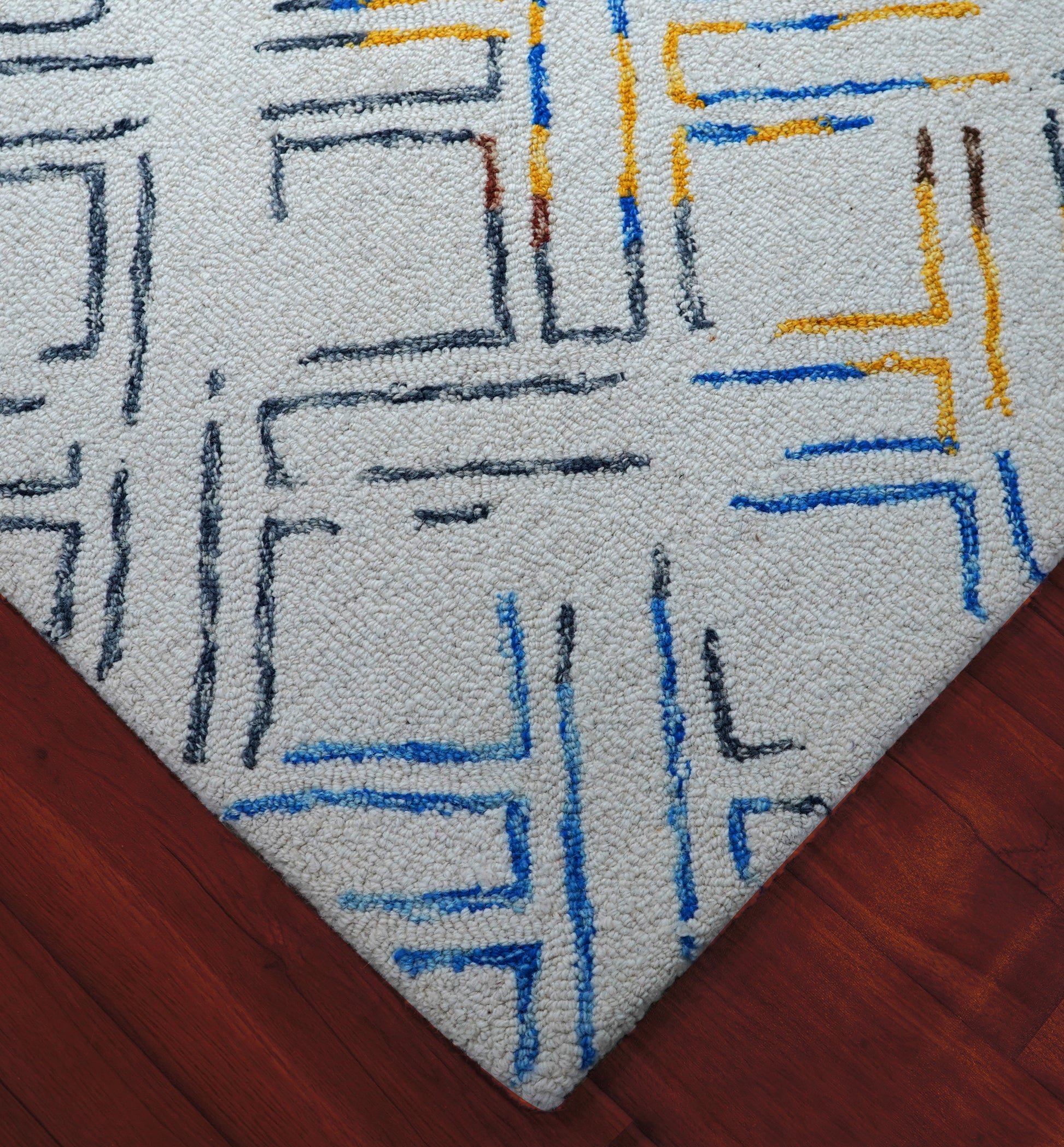 Grey Blue Yellow Abstract Geometric Lines Hand Tufted Wool Area Rug - Cut Pile Contemporary Custom Sizes