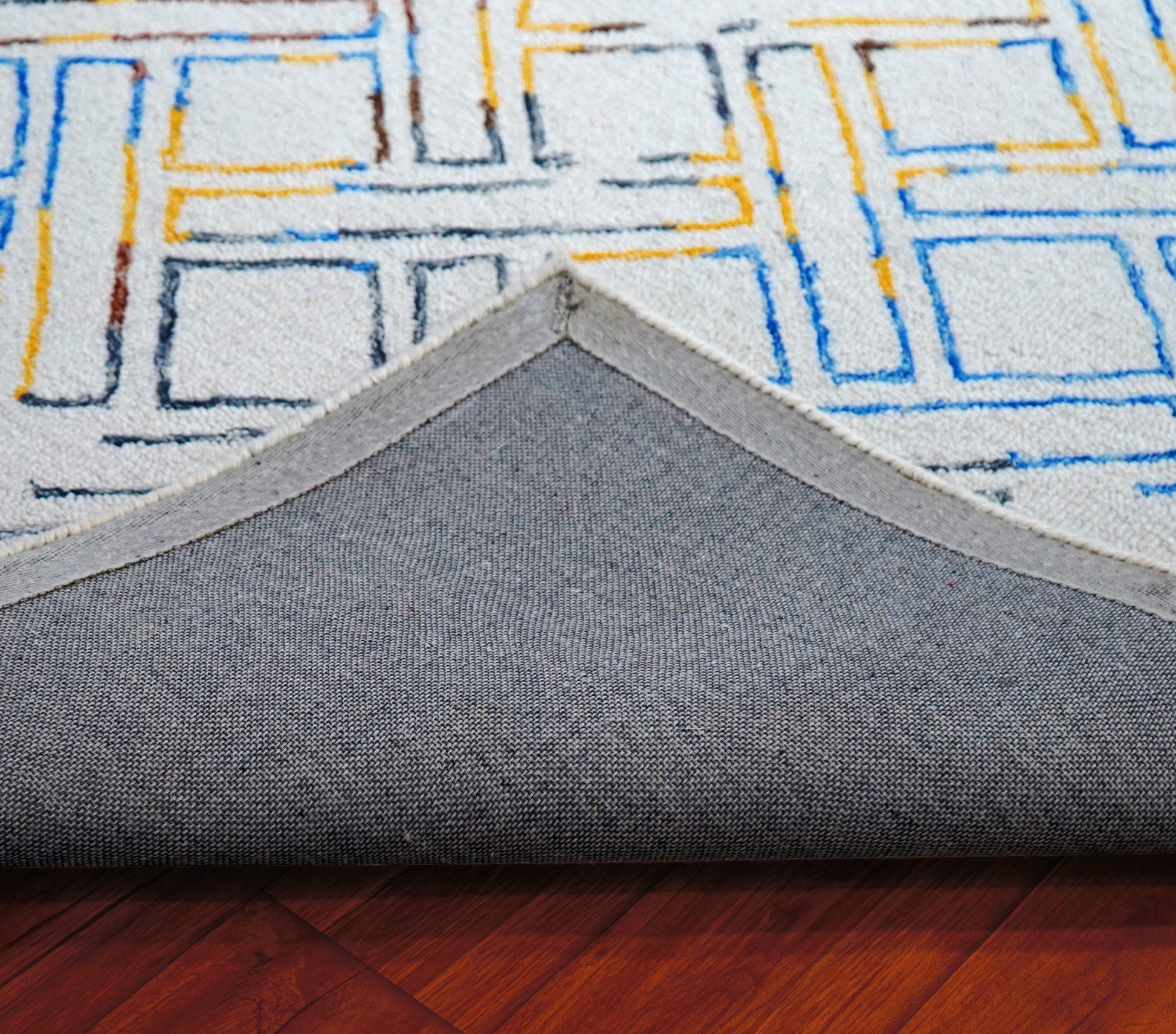 Grey Blue Yellow Abstract Geometric Lines Hand Tufted Wool Area Rug - Cut Pile Contemporary Custom Sizes