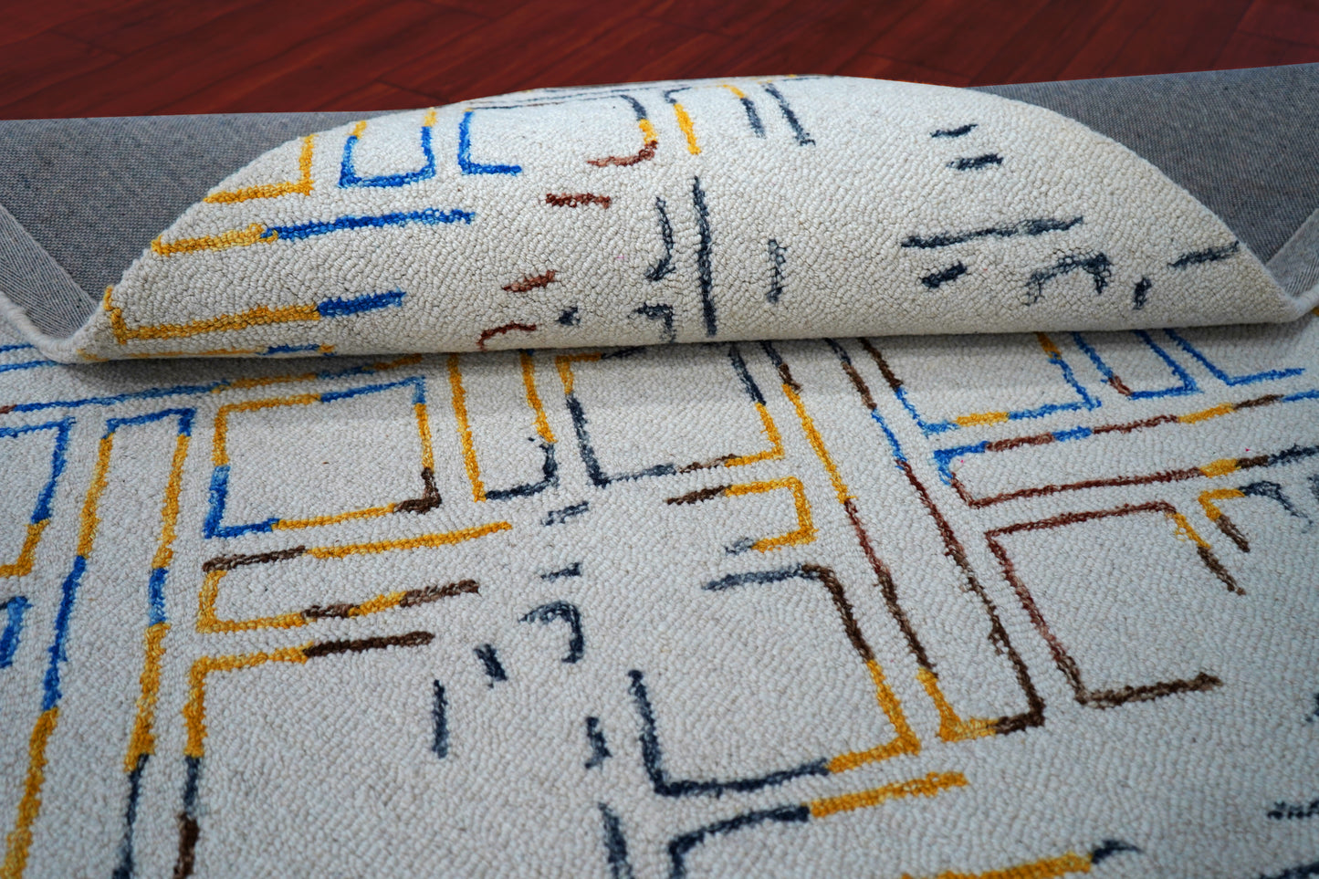 Grey Blue Yellow Abstract Geometric Lines Hand Tufted Wool Area Rug - Cut Pile Contemporary Custom Sizes