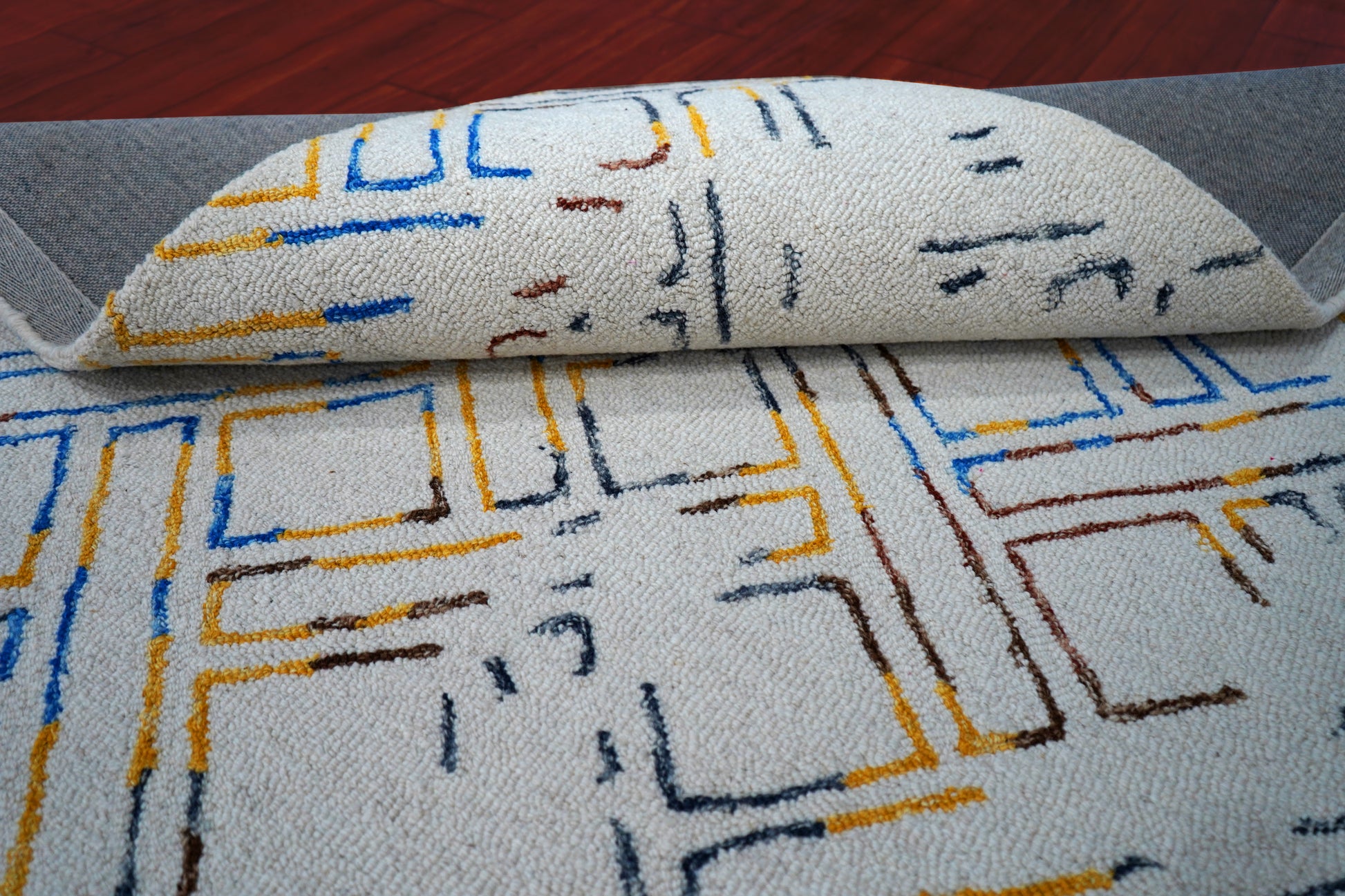 Grey Blue Yellow Abstract Geometric Lines Hand Tufted Wool Area Rug - Cut Pile Contemporary Custom Sizes