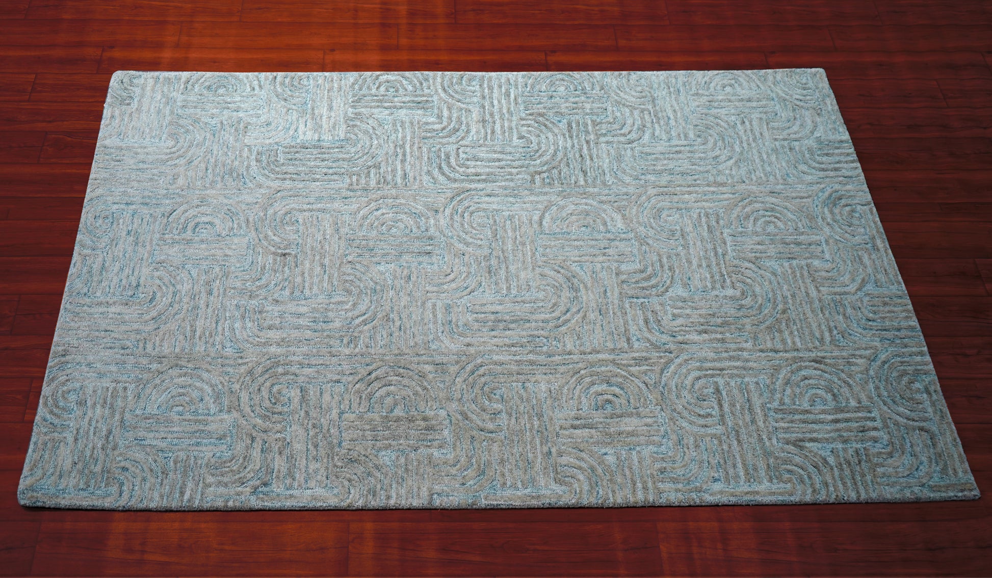 Teal Grey Abstract Swirl Hand Tufted Wool Area Rug - Cut Pile Contemporary Custom Sizes