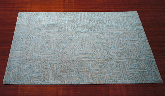 Teal Grey Abstract Swirl Hand Tufted Wool Area Rug - Cut Pile Contemporary Custom Sizes