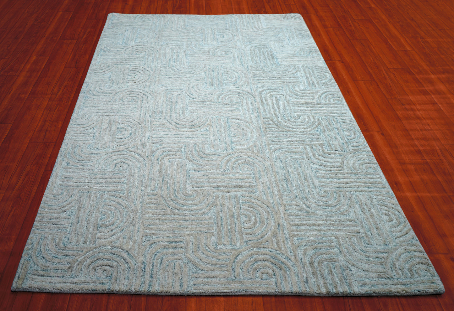 Teal Grey Abstract Swirl Hand Tufted Wool Area Rug - Cut Pile Contemporary Custom Sizes