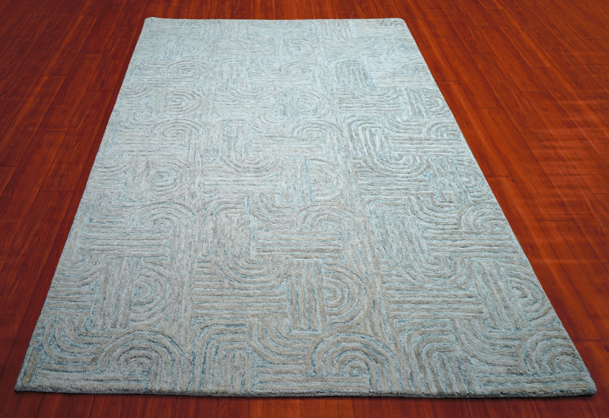 Teal Grey Abstract Swirl Hand Tufted Wool Area Rug - Cut Pile Contemporary Custom Sizes