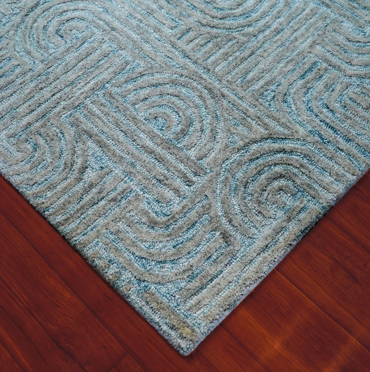 Teal Grey Abstract Swirl Hand Tufted Wool Area Rug - Cut Pile Contemporary Custom Sizes