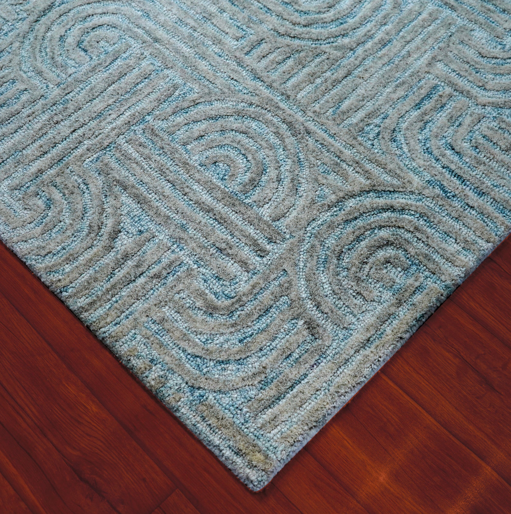 Teal Grey Abstract Swirl Hand Tufted Wool Area Rug - Cut Pile Contemporary Custom Sizes