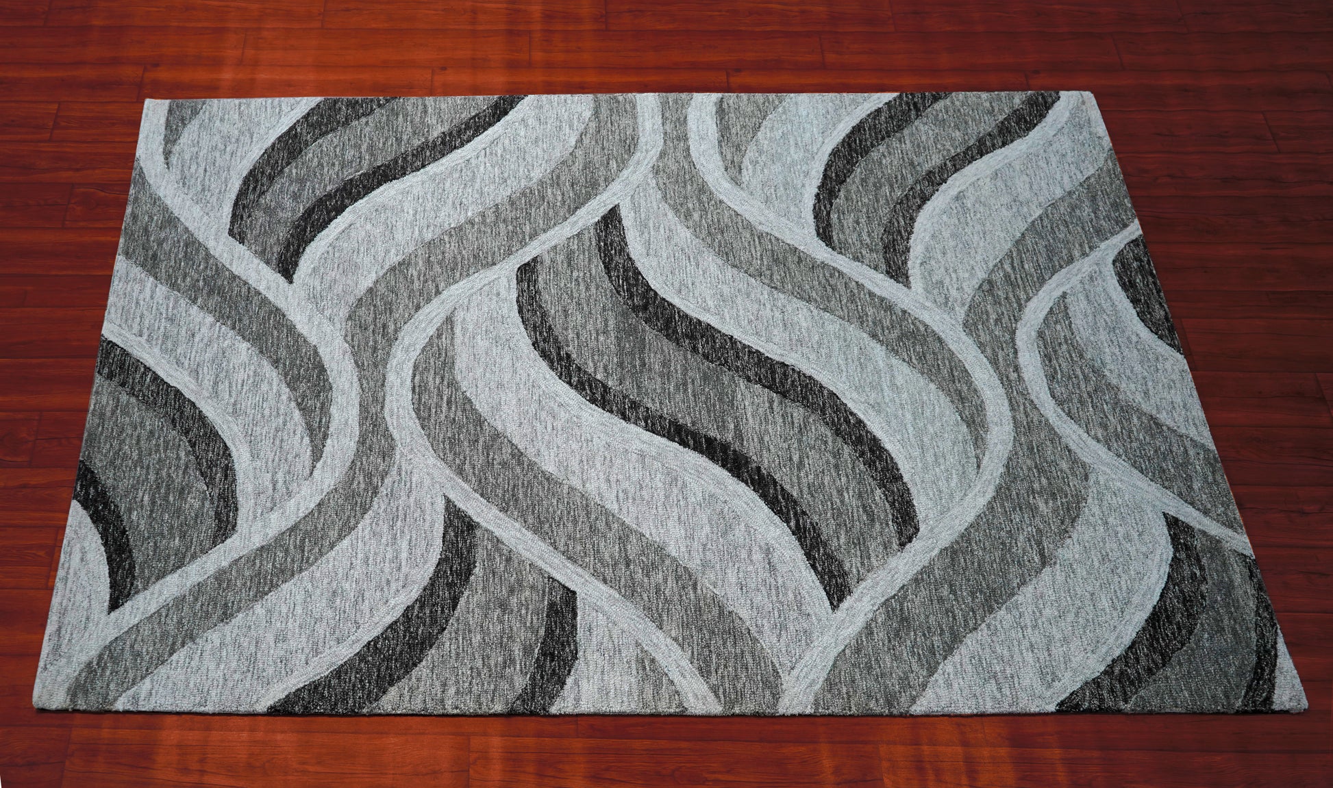 Grey Black Abstract Waves Hand Tufted Wool Area Rug - Cut Pile Contemporary Custom Sizes
