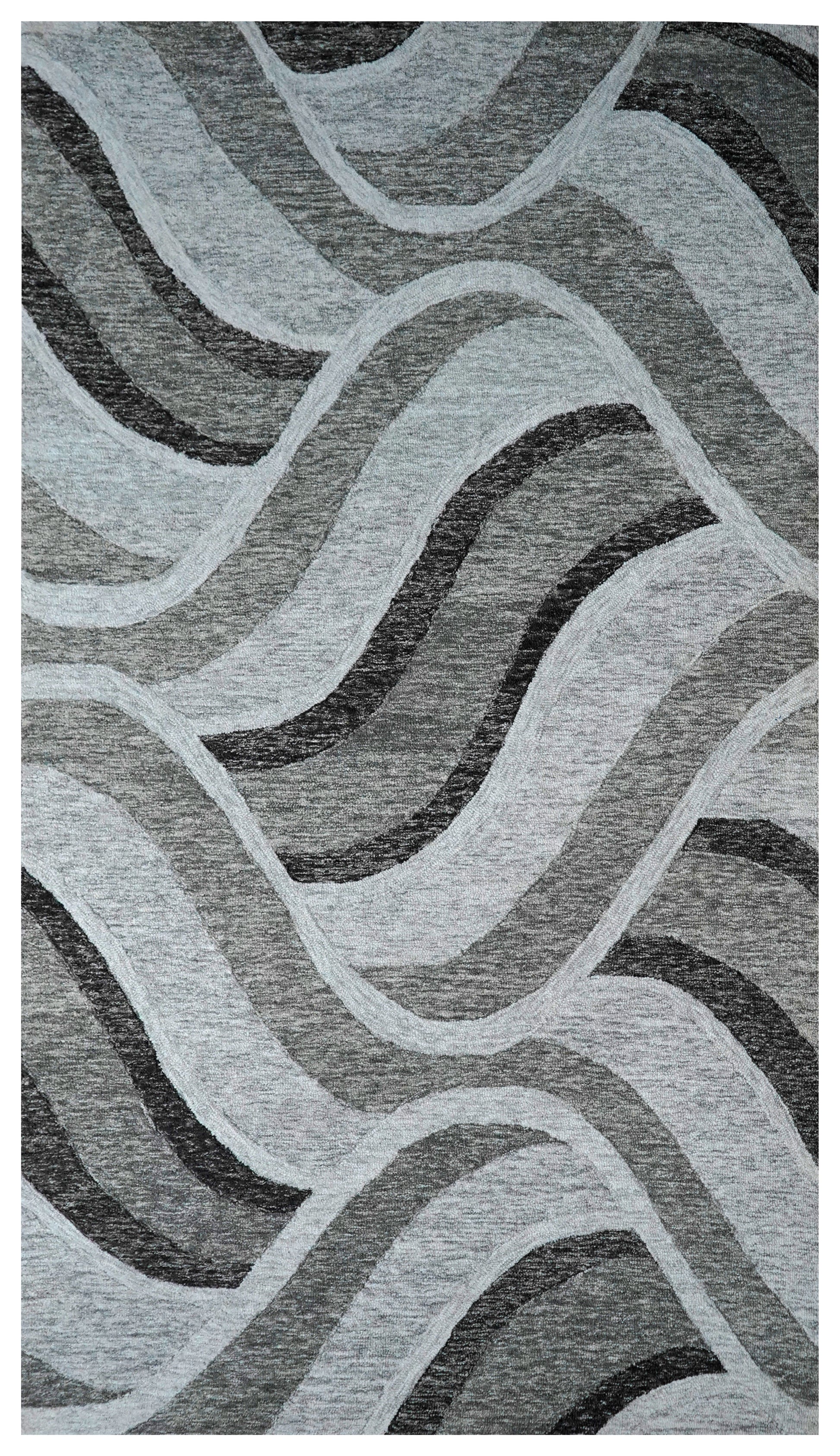 Grey Black Abstract Waves Hand Tufted Wool Area Rug - Cut Pile Contemporary Custom Sizes