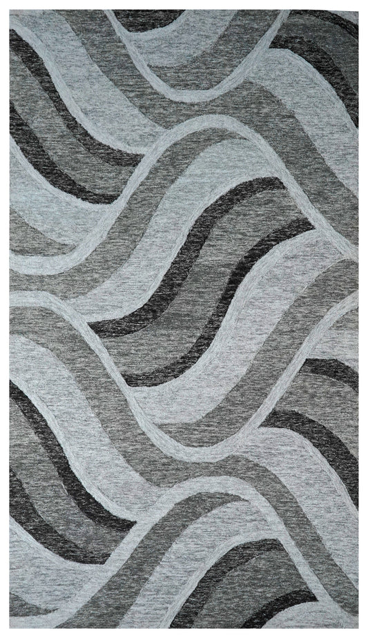 Grey Black Abstract Waves Hand Tufted Wool Area Rug - Cut Pile Contemporary Custom Sizes