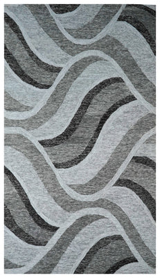 Grey Black Abstract Waves Hand Tufted Wool Area Rug - Cut Pile Contemporary Custom Sizes