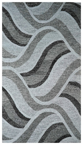 Grey Black Abstract Waves Hand Tufted Wool Area Rug - Cut Pile Contemporary Custom Sizes