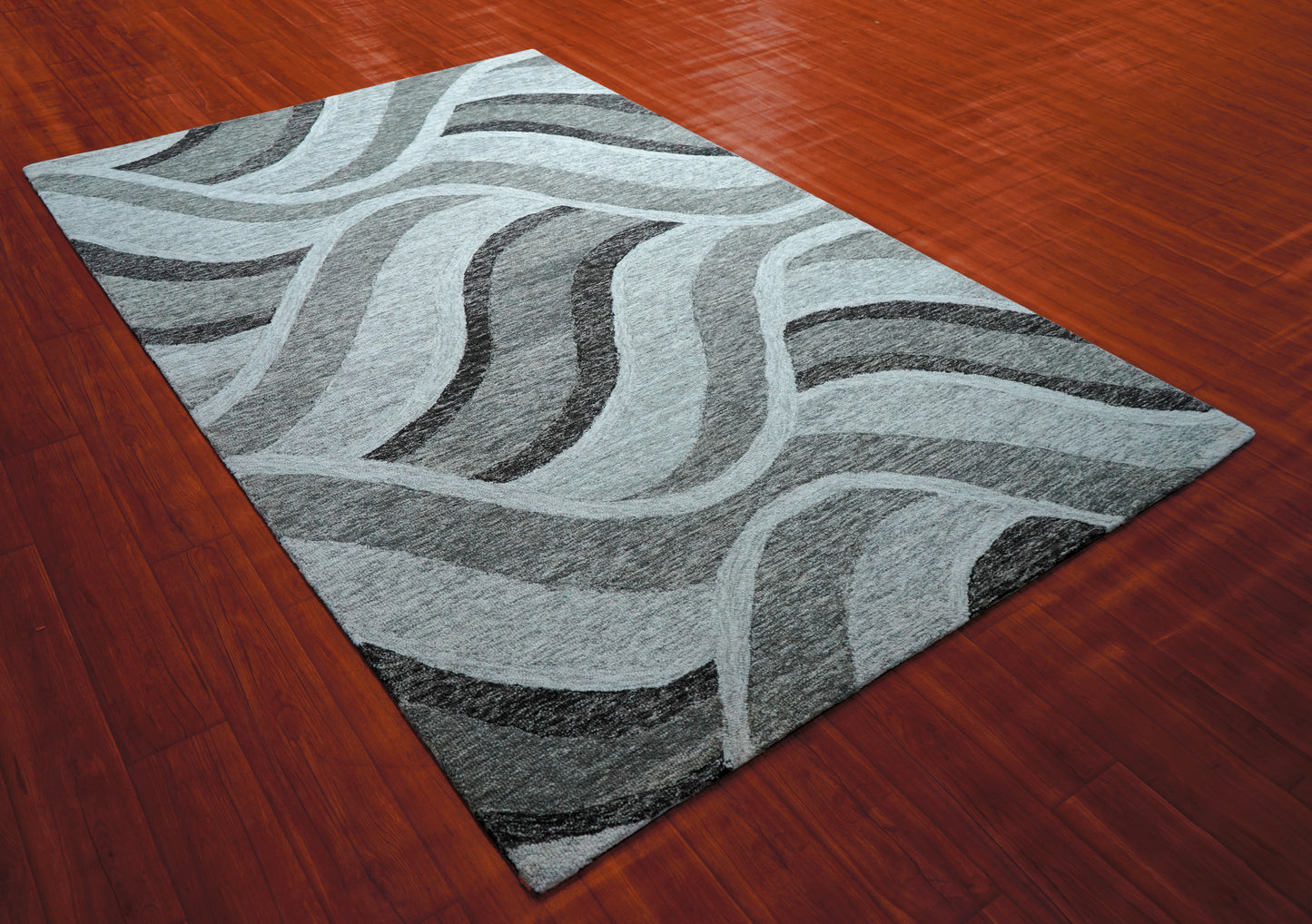 Grey Black Abstract Waves Hand Tufted Wool Area Rug - Cut Pile Contemporary Custom Sizes