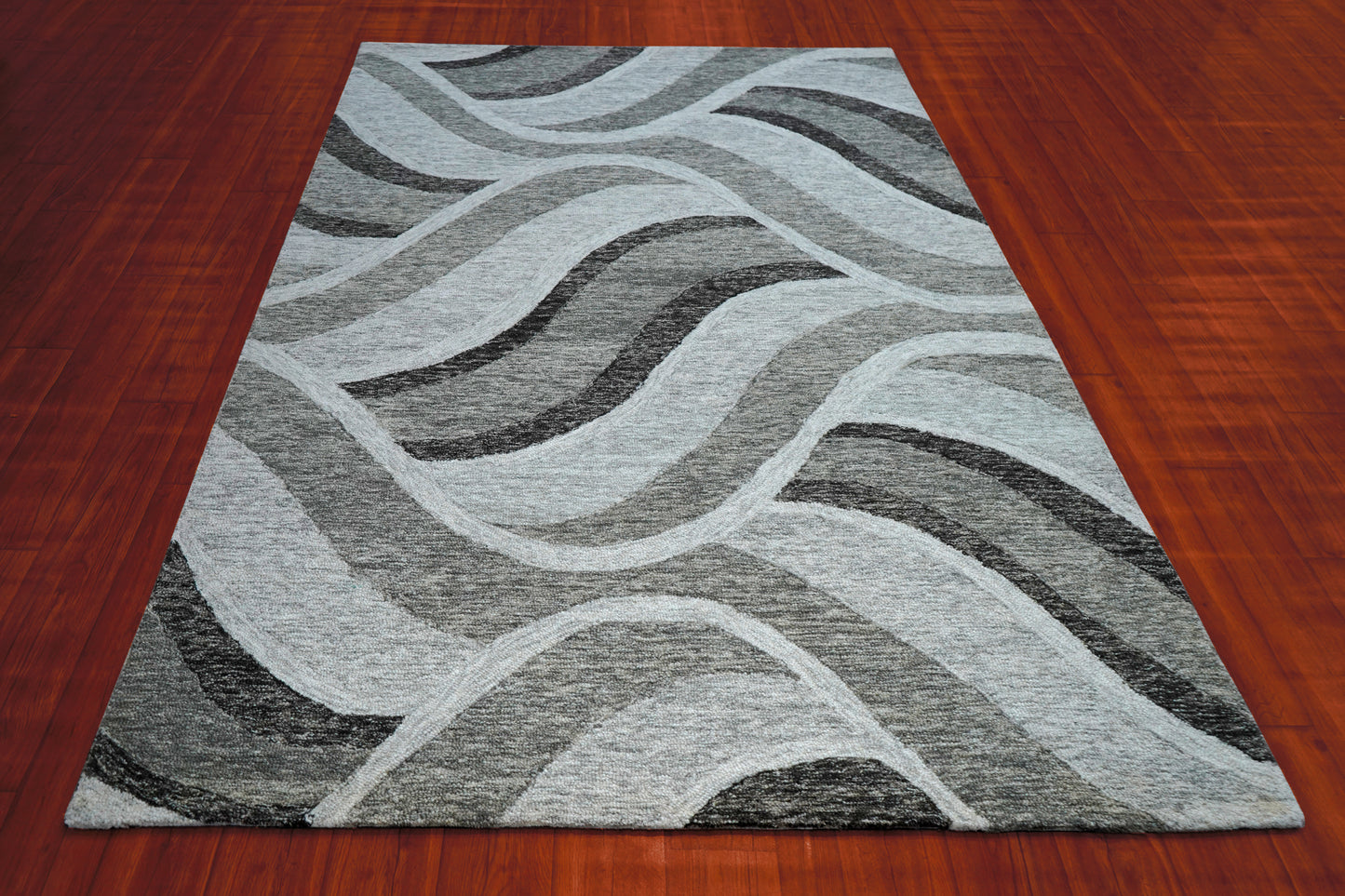 Grey Black Abstract Waves Hand Tufted Wool Area Rug - Cut Pile Contemporary Custom Sizes