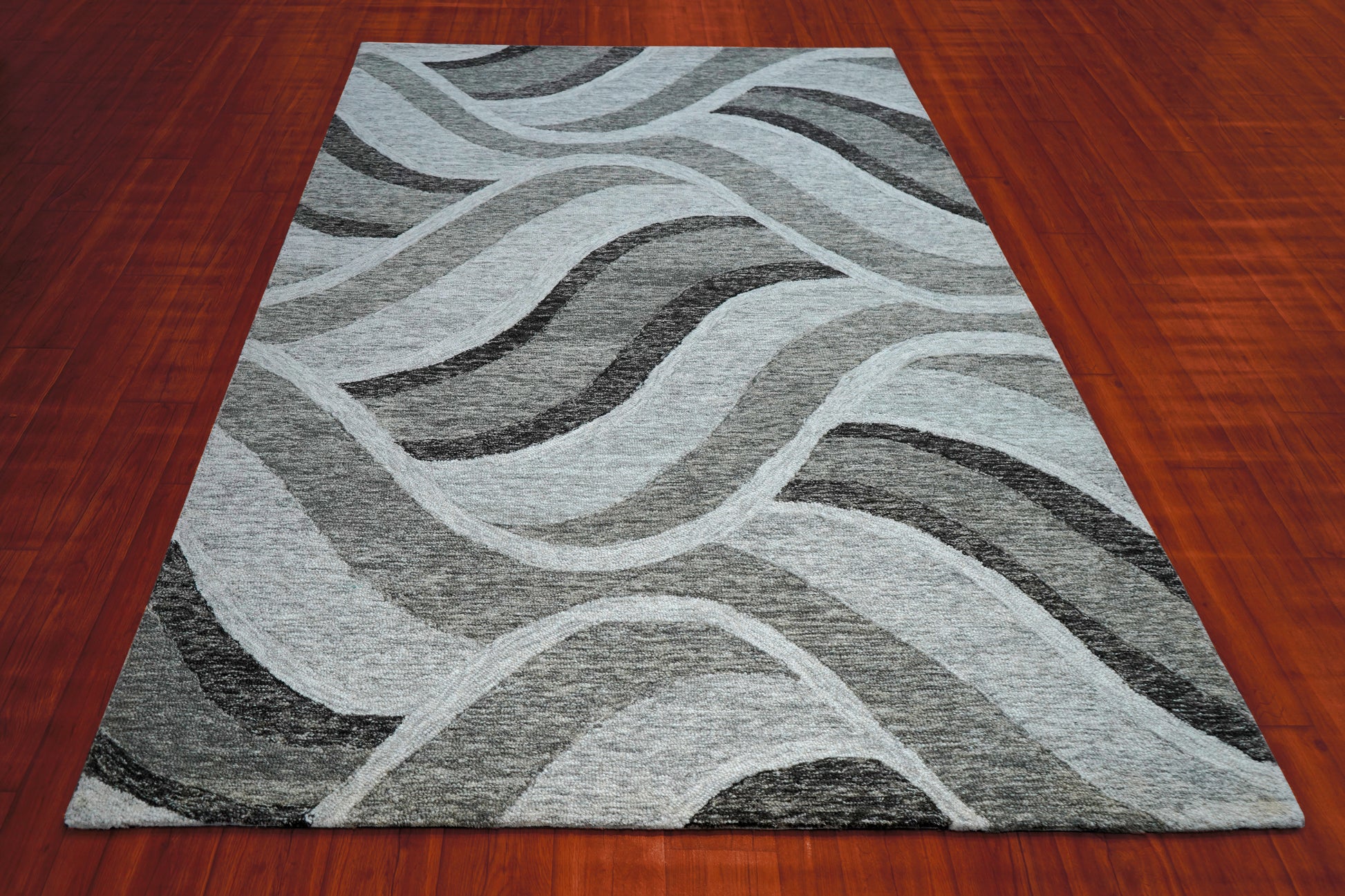 Grey Black Abstract Waves Hand Tufted Wool Area Rug - Cut Pile Contemporary Custom Sizes