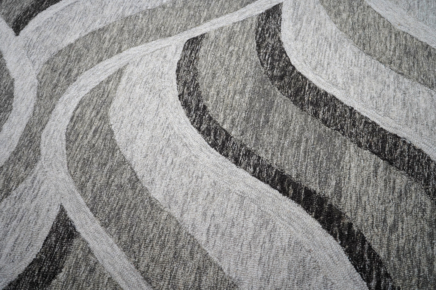 Grey Black Abstract Waves Hand Tufted Wool Area Rug - Cut Pile Contemporary Custom Sizes
