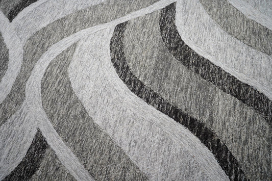 Grey Black Abstract Waves Hand Tufted Wool Area Rug - Cut Pile Contemporary Custom Sizes
