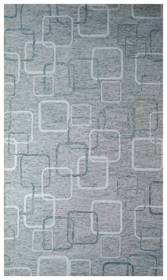 Mint Green Ivory Geometric Squares Hand Tufted Wool Area Rug - Cut Pile Modern Custom Sizes