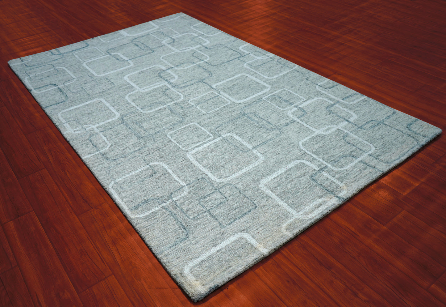 Mint Green Ivory Geometric Squares Hand Tufted Wool Area Rug - Cut Pile Modern Custom Sizes