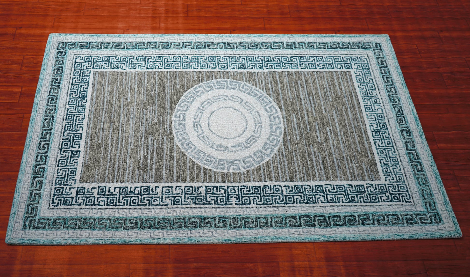 Teal Grey Greek Key Medallion Border Hand Tufted Wool Area Rug - Cut Pile Traditional Custom Sizes