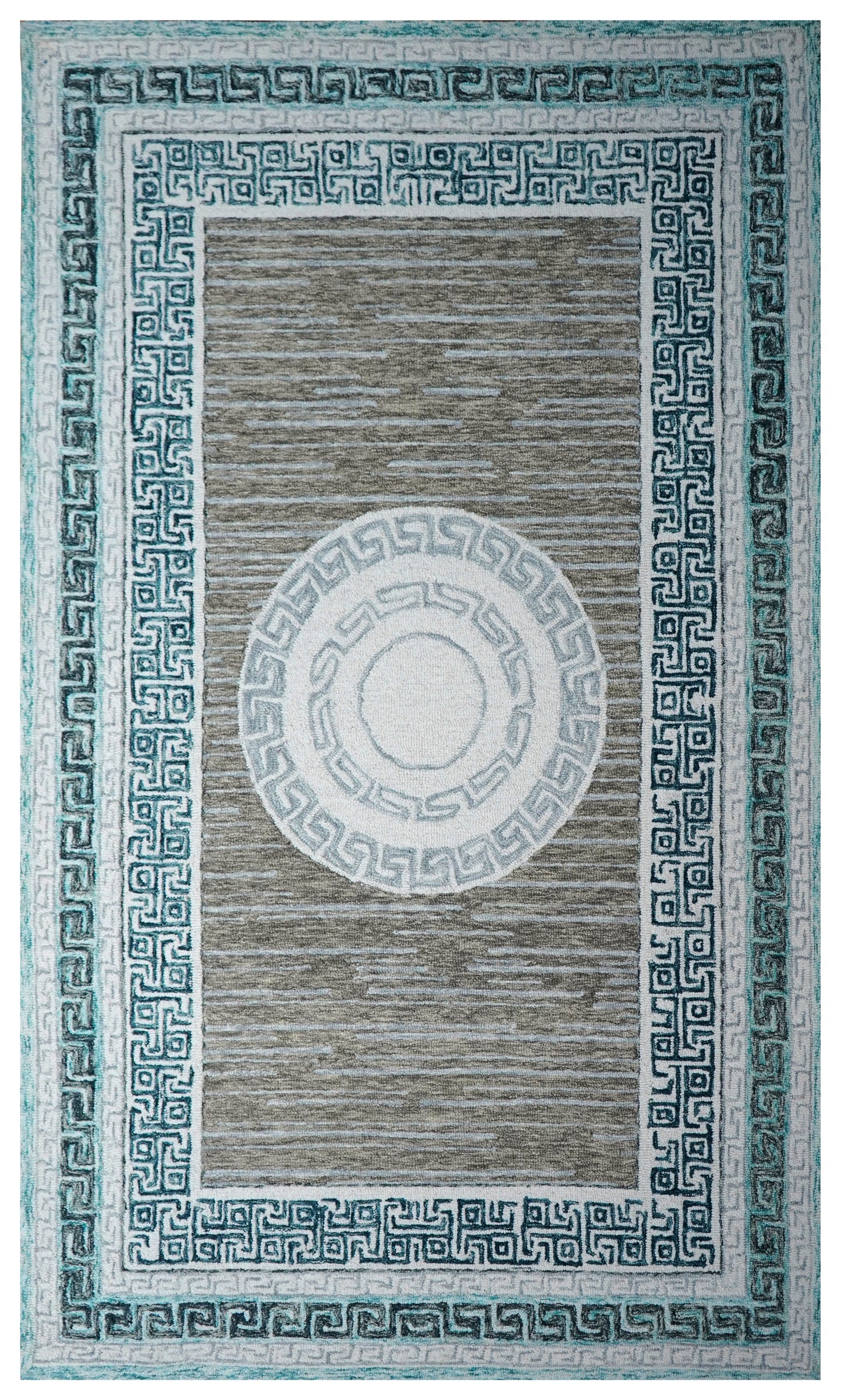 Teal Grey Greek Key Medallion Border Hand Tufted Wool Area Rug - Cut Pile Traditional Custom Sizes