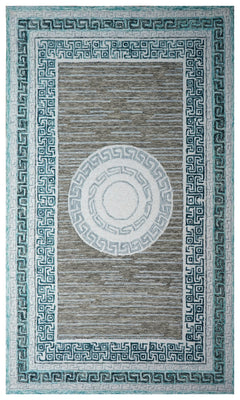 Teal Grey Greek Key Medallion Border Hand Tufted Wool Area Rug - Cut Pile Traditional Custom Sizes